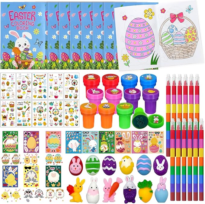 72 Pcs Easter Party Favors Easter Egg Bunny Rabbit School Exchange Gifts Coloring Books Stacking Crayons Tattoo Puzzle DIY Sticker Stampers Class Reward Prizes for Spring Easter Party Supplies