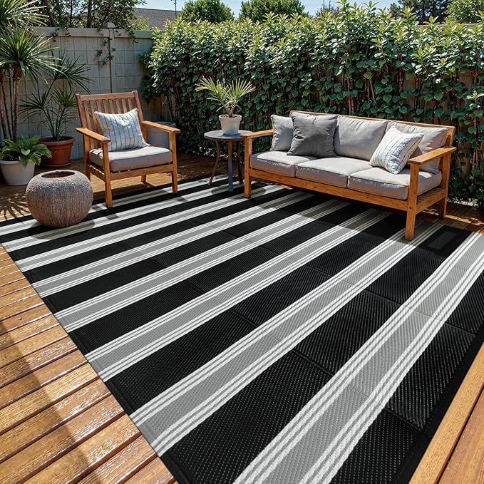 Lahome Striped Outdoor Rug Waterproof, 6x9 Reversible Outdoor Plastic Straw Rug for Camping, RV Patio Rugs Large Carpet for Porch Deck Backyard Balcony Picnic(Black/Grey,6'x 9')