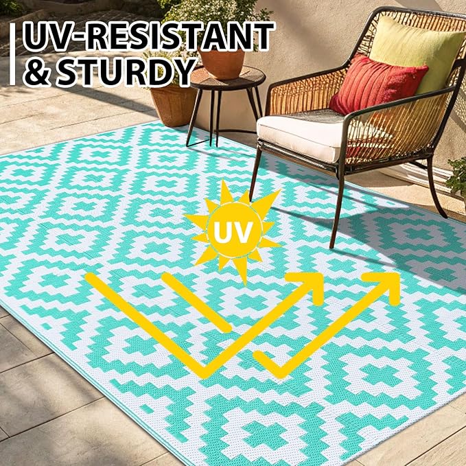 Smiry Waterproof Outdoor Rug 8x10 ft, Reversible Plastic Straw Patio Camping Rugs, Outdoor Indoor RV Mat Carpet for Patio, Outside Entry, Backyard, Deck, Bench, Picnic, Camper, White & Teal