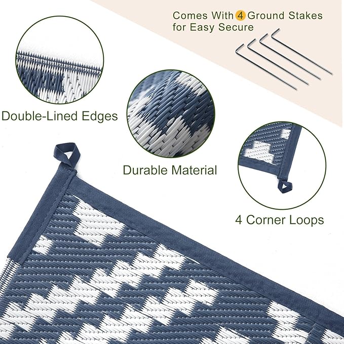 OPPODREAM Outdoor Rug 8x10 Patio Waterproof, Large Outdoor Plastic Straw Rug, Reversible Out Door Carpet for Camping, Deck, Rv, 8 x 10 Area Carpet for Balcony, Porch, Backyard, White and Navy Blue
