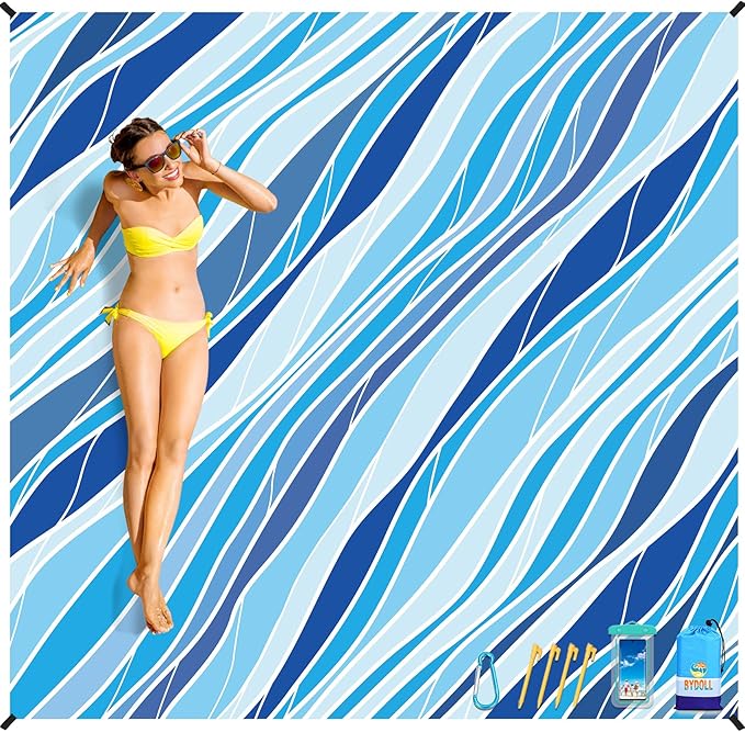 BYDOLL Beach Blanket Waterproof Sandproof 78''×81'' Suits1-4 Adults Compact Lightweight Oversized Sand-Free Blanket Large Picnic Mat for Beach Travel Camping Hiking