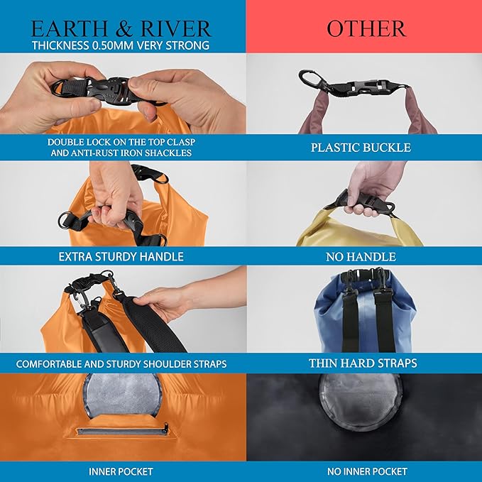 EARTH&RIVER Premium Dry Bag Backpack, Extra Thick, Protection for All Water Activities & Camping, Floating Lightweight Dry Bag with Inside Pocket Storage & IPX8 Waterproof Phone Case (Orange, 30L)