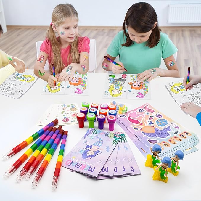 72 Pcs Mermaid Coloring Book with Crayons Party Favors Set, Under the Sea Party Pinatas Goodie Bag Fillers, Ocean Birthday Party Supplies Craft DIY Kit Face Stickers Tattoo for Underwater Party