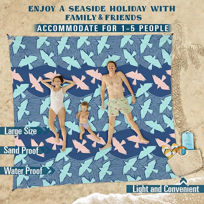 Beach Blanket Sandproof Waterproof 78''×81''1-5Adults Oversized,Compact Lightweight Durable Beach Mat for Travel Camping Hiking Picnic Blanket