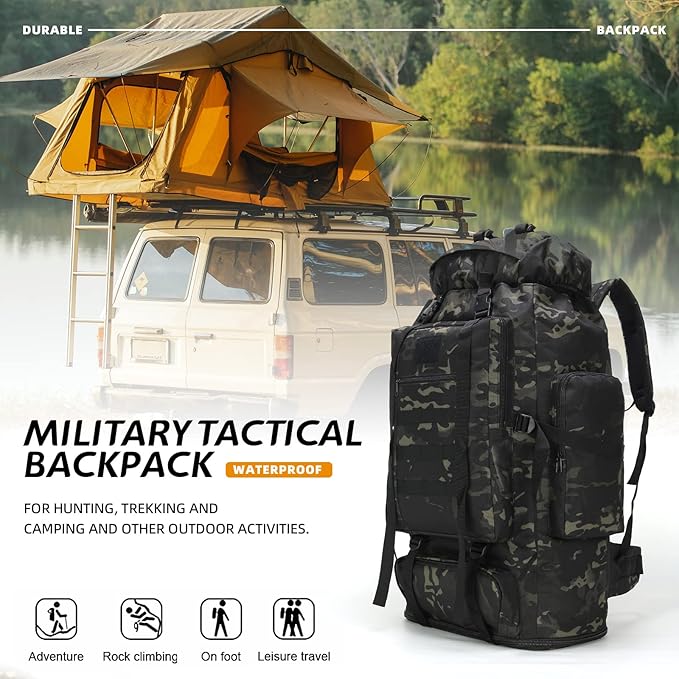 70L/100L Hiking Camping Backpack MOLLE Rucksack Waterproof Daypack for Traveling (Black CP)
