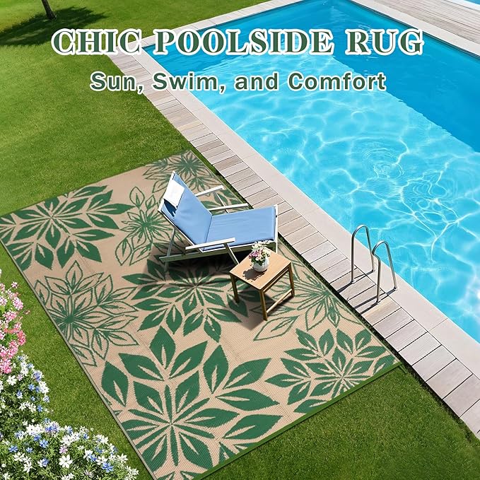 Waterproof Outdoor Rugs 5x8, Green Outdoor Plastic Straw Rug Double-Sided, Fade Resistant Patio Rug, Easy Cleaning RV Camping Mats Outside Carpet Portable for Balcony Porch Garden Deck Picnic