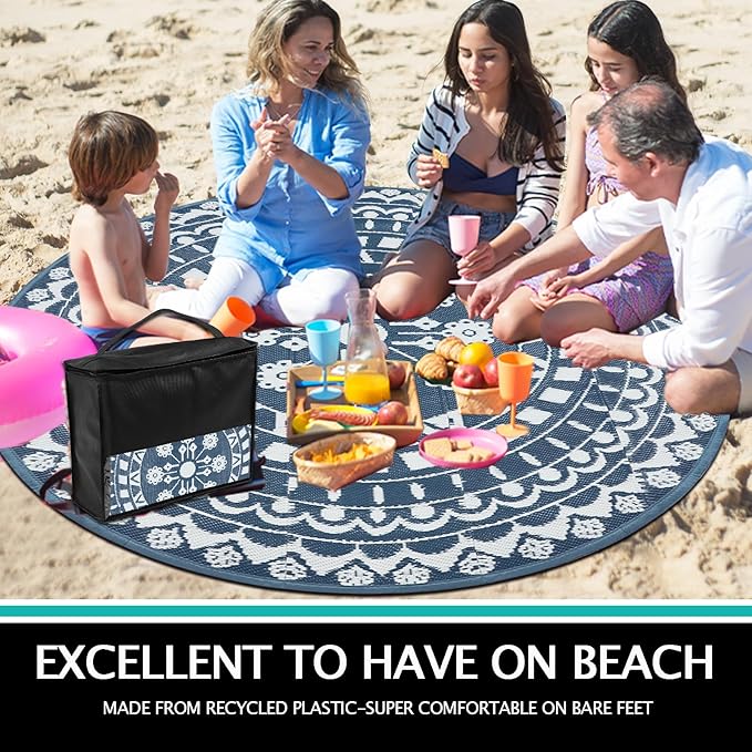 Capslpad 8Ft Round Outdoor Rug for Patios Clearance Reversible Mat Plastic Straw Patio Rugs Lightweight RV Camping Mat Circle Outside Area Rug Carpet for Balcony Deck Trailer Picnic,Blue