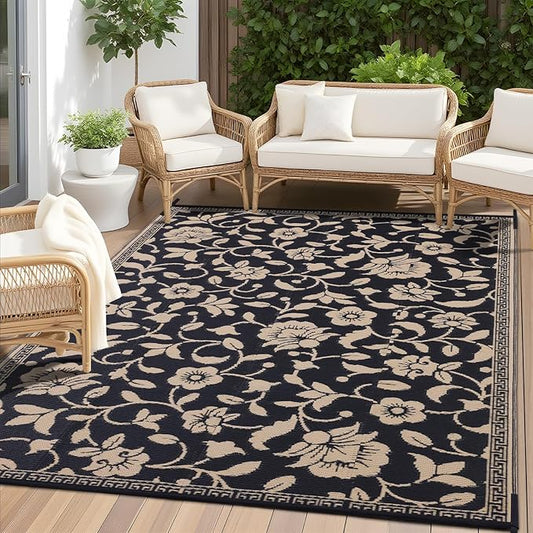 OLANLY Waterproof Outdoor Rug 6x9 ft, Outdoor Plastic Straw Rug with Flower Pattern, Reversible RV Mat for Patio, Camping, Balcony, Deck, Backyard, Black & Beige