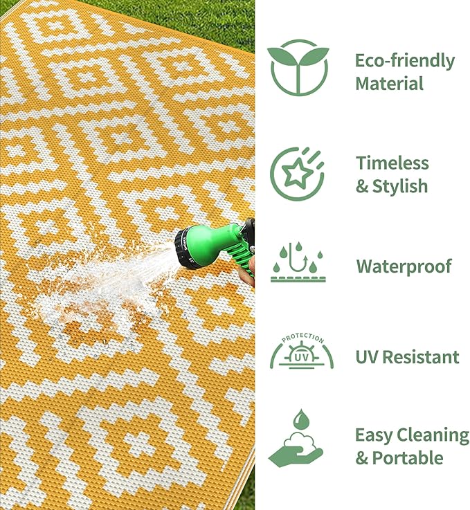 GENIMO Outdoor Rug for Patio Clearance, 6'x9' Reversible Plastic Straw Rugs, Lightweight Waterproof RV Camping Mat for Camper, Balcony, Deck, Backyard, Picnic, Yellow & Beigewhite
