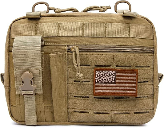 Tactical Molle Admin Pouch of Laser Cut Design,Medical EMT Organizer with Phone Pouch,EDC EMT Pack IFAK Tool Holder with US Patch (Large Brown Without Accessories)