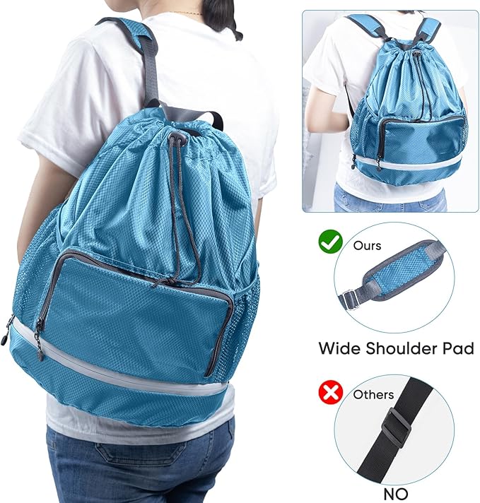 Swim Essentials Beach Gym Bag - Drawstring Backpack with Shoes Compartment and Waterproof Pocket for Kids, Men - Workout Bag