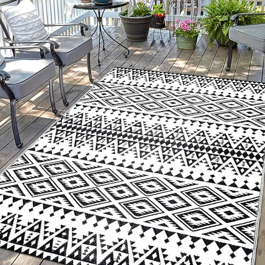 Waterproof Outdoor Rug 5x8ft, Bohemia Reversible Plastic Straw Mat for Patio RV Deck Porch Backyard Balcony Camping Picnic Beach Indoor Outdoor Carpet, Black&White