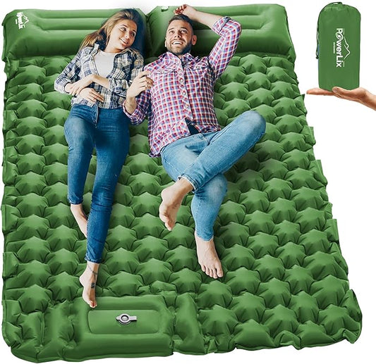 POWERLIX Double Camping Sleeping Pad Camping Pad for 2 Person with Pillow Built-in Foot Pump Inflatable Sleeping Pad, Backpacking, Hiking, Portable Camping Mattress Green