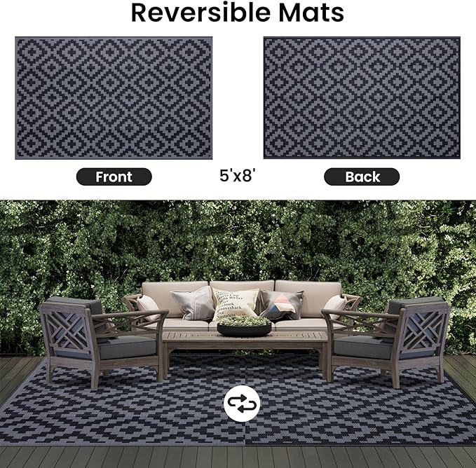 Smiry Waterproof Outdoor Rug 5x8ft, Reversible Plastic Straw Patio Camping Rugs, Outdoor Indoor RV Mat Carpet for Patio, Outside Entry, Backyard, Deck, Bench, Picnic, Camper, Black & Grey