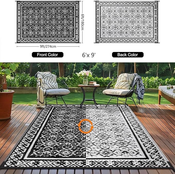 Outdoor Patio Plastic Straw Rug - 6'x9' Outdoor Camping Rug Waterproof Reversible, Area Carpet Patios Clearance RV, Outside Porch Balcony Deck for Camper, Classic Black & White