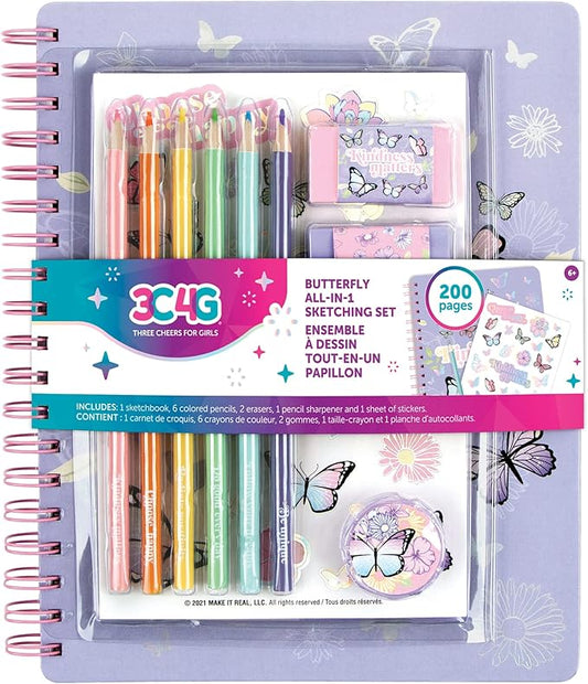 Three Cheers for Girls - Butterfly All-In-1 Sketchbook Set - Girls Diary, Journal, Sketch Book for Kids w/ Pencils, Stickers & More - Drawing Kit for Kids - Unlined Diary for Girls - Kids Sketch Pad