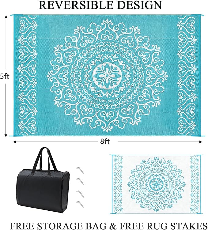 Pauwer Waterproof Outdoor Rug 5x8, Reversible Plastic Straw Patio Camping Rug, Indoor Outdoor RV Mat Carpet for Deck, Camper, Porch, Balcony, Backyard, Picnic, Floral Teal