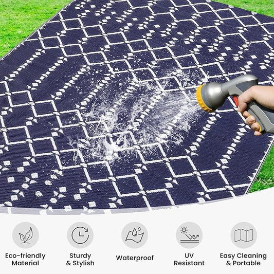 Smiry Outdoor Rug 5x8 ft, Waterproof Reversible Plastic Straw Rugs, Boho Outdoor Area Rug, Outside Floor Mat for Patio, Backyard, Deck, Picnic, Beach, Camping, Navy