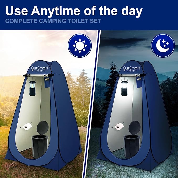 Outdoor Portable Toilet Set for Adults with Camping Night Lantern, Folding XL Toilet, Pop Up Privacy Tent and Carry Bags, Multipurpose Potty, Washable and Foldable for RV Travel