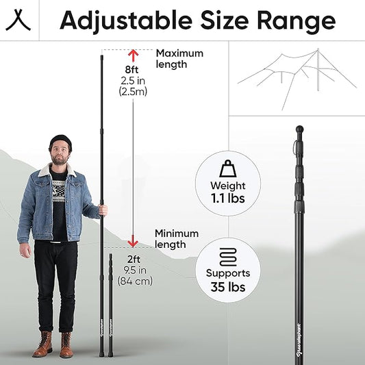 Green Elephant Camping Tarp Poles - Adjustable Aluminum Telescoping Tent Poles for Tarps, Canopy & Awning - Heavy Duty Collapsible Pole Set of 2 - Extends 8ft, Shrinks to 2ft - Caravan & Beach Shade