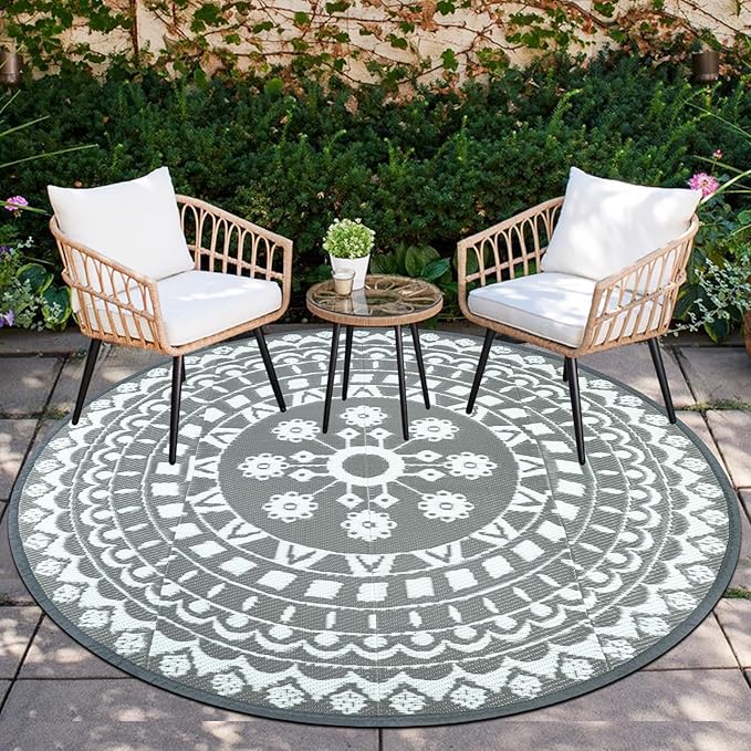 Capslpad 6Ft Round Outdoor Rug for Patios Clearance Reversible Mat Plastic Straw Patio Rugs Lightweight RV Camping Mat Circle Outside Area Rug Carpet for Balcony Deck Trailer Picnic BBQ, Grey