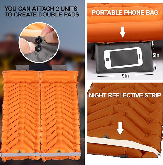 Sleeping Pad with Pillow, Self Inflating Extra-Thick, Ultralight Sleeping Mat, Built-in Pump, Ultimate for Camping, Hiking, Traveling, Airpad, Carry Bag, Compact & Lightweight Air Mattress (Orange)