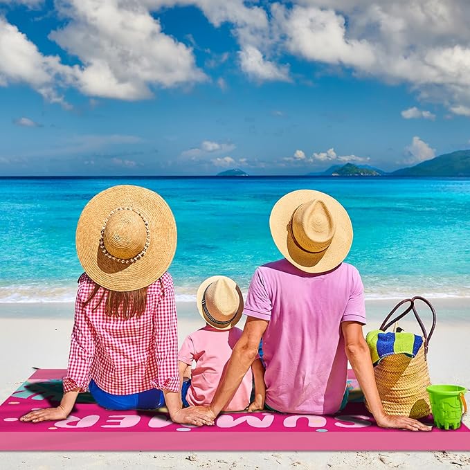 Beach Blanket Waterproof Sandproof Large Beach Mat 83" X 106" for 5-7 Adults Sand Free Mat Quick Drying,Lightweight & Durable with 4 Stakes & 4 Corner Pockets for Beach Camping .(Pink)