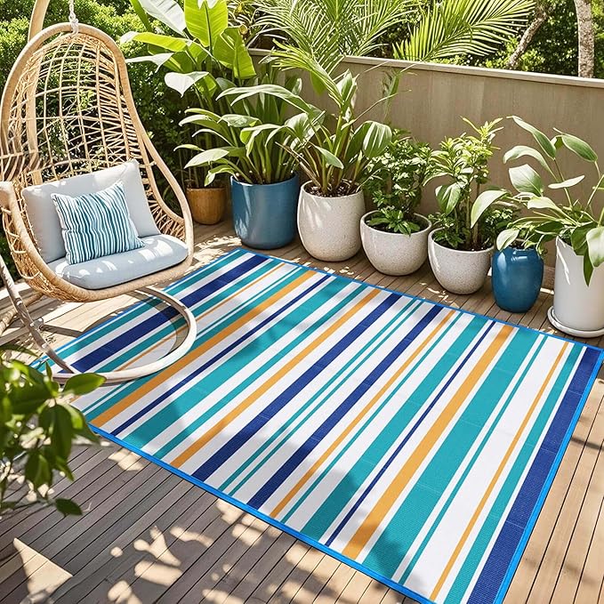 Outdoor Patio Plastic Rug Waterproof - Outdoor Rugs for Camper Outside, Rv, Porch Deck Clearance, Area Carpet for Outside, Balcony, Patio Decor, Blue & Yellow, 4x6 ft