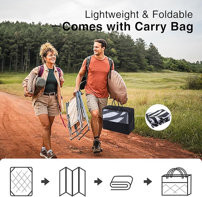 OLANLY Waterproof Outdoor Rug 5x8 ft, Reversible Outdoor Plastic Straw Rug with Leaf Pattern, RV Mat, Indoor Outdoor Carpet for Patio, Camping, Balcony, Deck, Backyard, Black & White