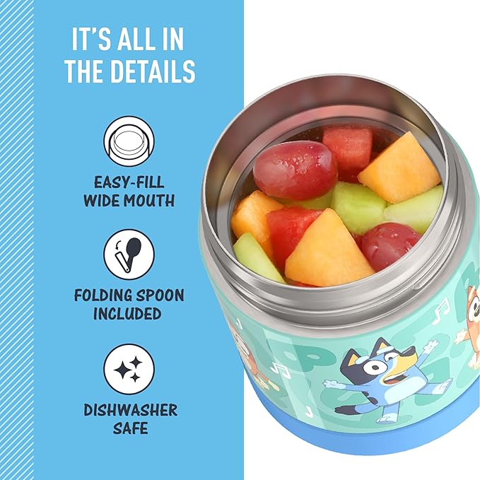THERMOS FUNTAINER Insulated Food Jar, 10 Ounce, Kid Friendly Food Jar with Foldable Spoon, Bluey