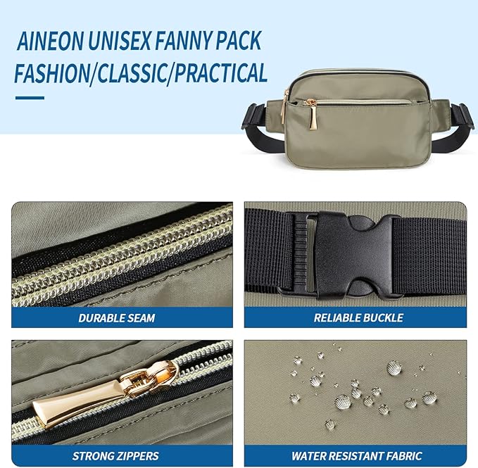 Fanny Packs for Women Men Fashion Plus Size Waist Pack Belt Bag Fanny Pack for Girls Boys with 5 Pockets Adjustable Belt, Cute Bum Bag Hip Bags for Travel Disney Running (Olive Green Fanny Pack)