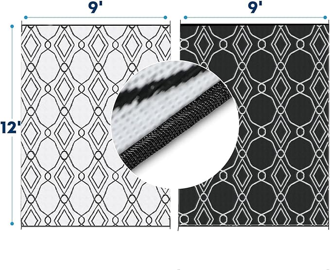 Kohree Outdoor Rugs 9x12 Patios Clearance, Outdoor Patio Rug Waterproof, Outdoor Carpet Camping Mat Rug for RV, Deck, Backyard, Picnic, Porch, with 4 Stakes and 1 Carry Bag, Black, Easy to Clean