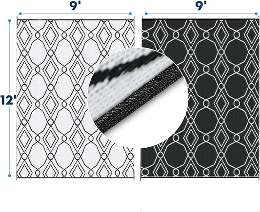 Kohree Outdoor Rugs 9x12 Patios Clearance, Outdoor Patio Rug Waterproof, Outdoor Carpet Camping Mat Rug for RV, Deck, Backyard, Picnic, Porch, with 4 Stakes and 1 Carry Bag, Black, Easy to Clean