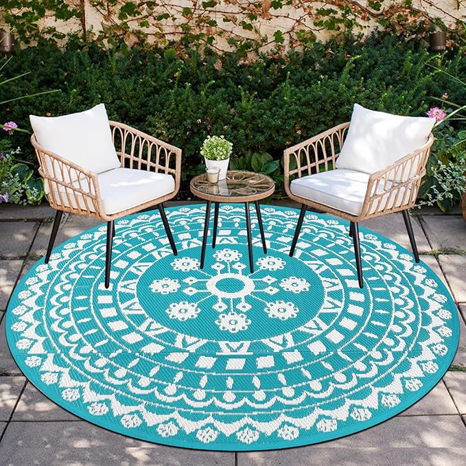 Capslpad 6Ft Round Outdoor Rug for Patio Clearance Boho Reversible Mat Waterproof Outdoor Plastic Straw RV Camping Rug Outside Circle Area Rug for Porch Deck Terrace Picnic Beach Apartment, Teal