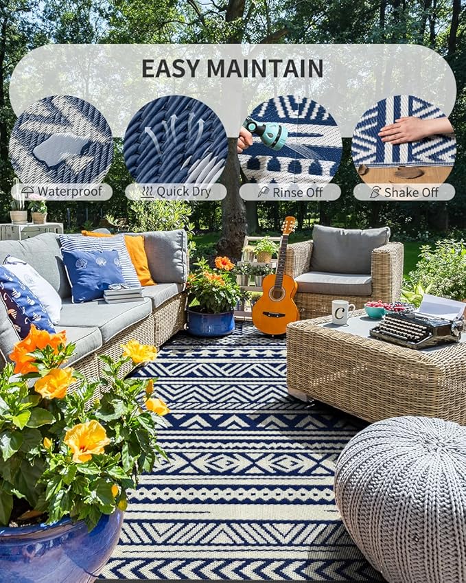 MontVoo Outdoor Rug Carpet Waterproof 6x9 Outdoor Patio Rug Mat Reverisble Plastic Straw Outdoor Rug for RV Camping Picnic Beach Balcony Boho Navy Blue