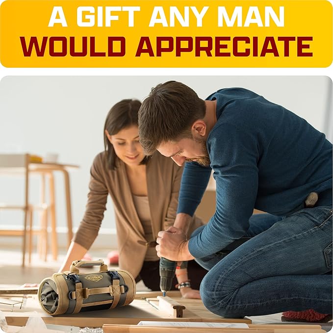 The Ryker Roll Up Tool Bag Organizer Gifts for Dad. Heavy Duty Motorcycle Tool Roll Bag Organizer. Portable Rollup Toolbag w/Detachable Pouches - Tools Bags Mens gifts for him/Mechanic (Khaki+Black)