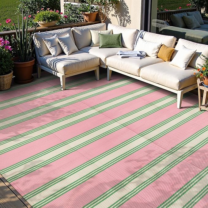Lahome Striped Outdoor Plastic Straw Rug, Reversible Outdoor Rug Waterproof 9x12 Rugs for Patio, RV Camping Rug Picnic Mat Outside Large Carpet for Beach Deck Backyard Balcony(Pink/Green,9'x 12')