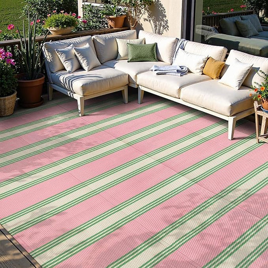 Lahome Striped Outdoor Rug Waterproof, 6x9 Reversible Outdoor Plastic Straw Rug for Camping, RV Patio Rugs Large Carpet for Porch Deck Backyard Balcony Picnic(Pink/Green,6'x 9')