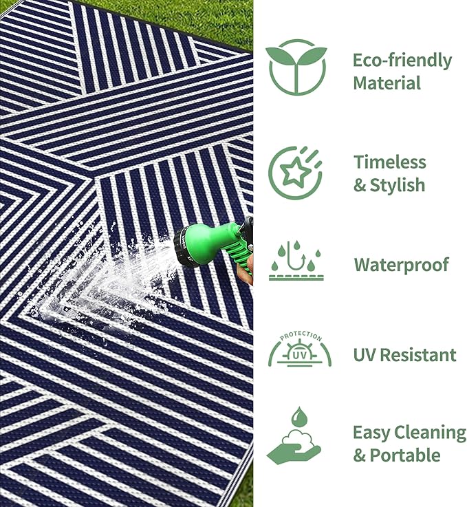 GENIMO Outdoor Rug 6'x9' for Patio Waterproof Clearance, Reversible Outdoor Plastic Straw Rug, Lightweight Carpet Camping Mat for Rv, Camper, Picnic, Balcony, Backyard, Deck, Porch, Blue & White