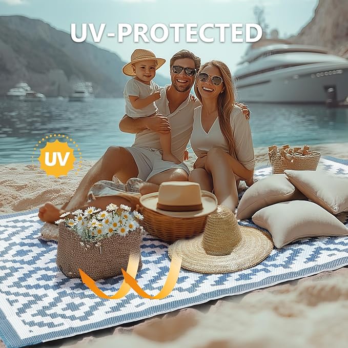 Outdoor Rug 8x10 Patio Waterproof, Plastic Straw Outdoor Carpet - UV Resistant Reversible Indoor Outdoor Rugs for Porch, Camping, Poolside, RV, Balcony, Easy to Clean, Blue and White