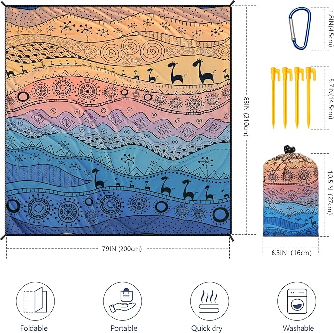 Beach Blanket Waterproof Sandproof Beach Mat 79" X 83" /10'x9'for 2-8 Adults Quick Drying Outdoor Picnic Mat Beach Accessories for Travel, Camping, Hiking