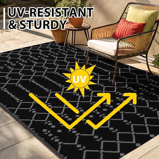 Smiry Outdoor Rug 5x8 ft, Waterproof Reversible Plastic Straw Rugs, Boho Outdoor Area Rug, Outside Floor Mat for Patio, Backyard, Deck, Picnic, Beach, Camping, Dark Grey