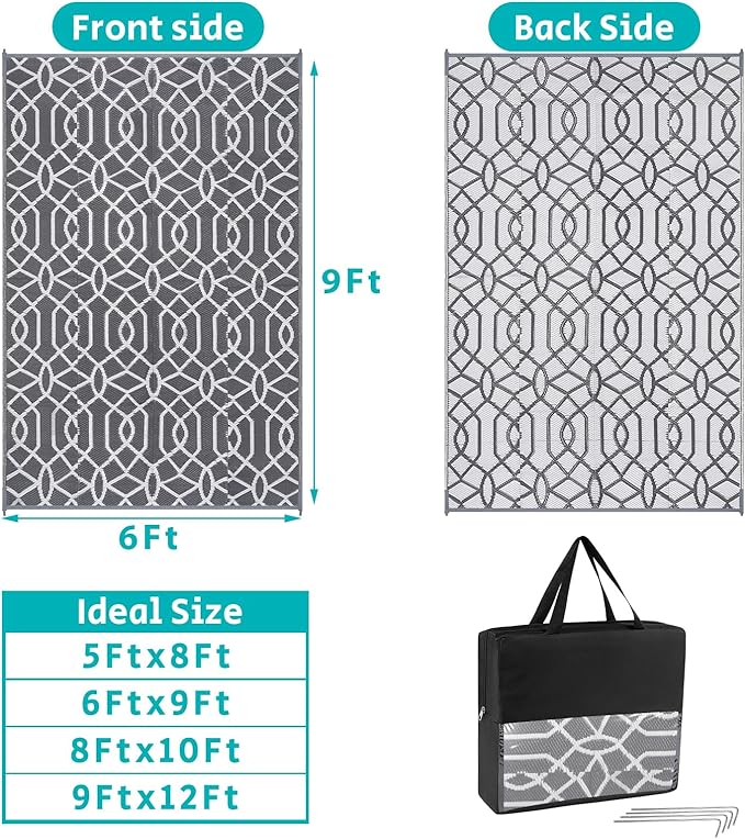 HEBE Outdoor Rug 6'x9' for Patios Waterproof Clearance Reversible Patio Mat Plastic Straw Rug RV Camping Mat Outside Area Rug Carpet for Camping RV,Porch,Deck,Balcony,Camper,Backyard