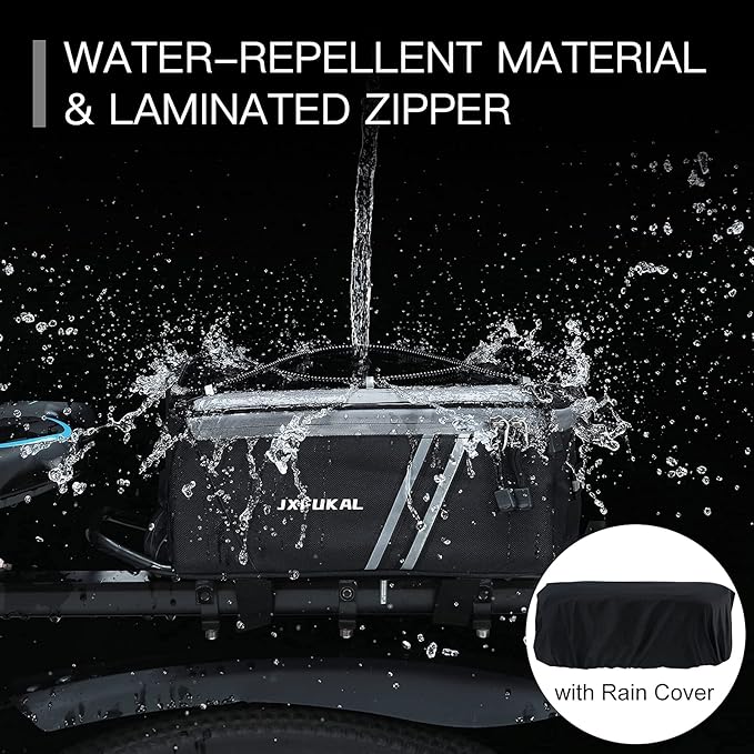 JXFUKAL Rear Bike Rack Bag with Rain Cover, 7L/9L/10L/12L Waterproof Bicycle Ebike Saddle Bag Cycling Pannier Trunk Carrier with Reflector & Adjustable Cord for Commuter Travel Outdoor