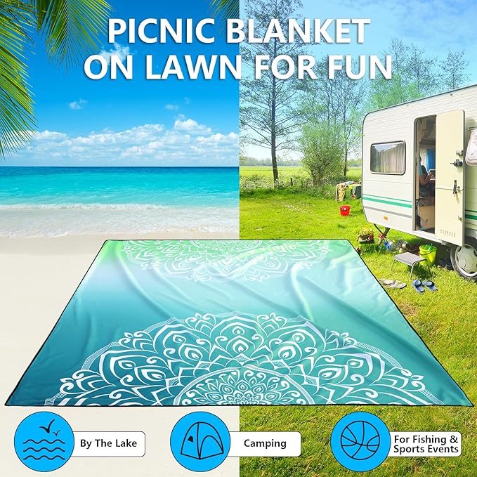 Beach Blanket, Wateresistant Sandproof Sand Free Beach Mat with Corner Pockets Portable Bag for Beach Festival,Picnic,Travel and Outdoor Camping Activties (Mandarin-Green,79"×83"(4 Person))