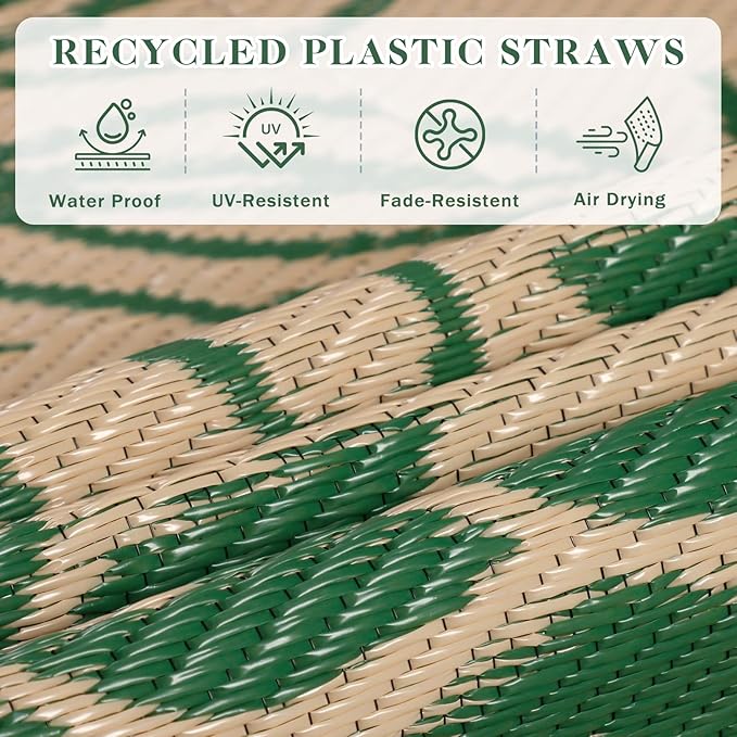 Waterproof Outdoor Rugs 5x8, Green Outdoor Plastic Straw Rug Double-Sided, Fade Resistant Patio Rug, Easy Cleaning RV Camping Mats Outside Carpet Portable for Balcony Porch Garden Deck Picnic