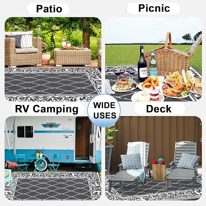 OutdoorLines Indoor Outdoor Rugs for Patio 9x12 ft - Reversible Outside Carpet, Stain & UV Resistant Portable RV Mats, Plastic Straw Rug for Camping, Pool Deck, Porch Rhombus Gray & White
