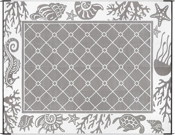 Vaukki Reversible Rugs, Plastic Straw Outdoor Doormat, Fade Resistant Plastic Outdoor Patio Mat, Lightweight Ocean Area Carpet for Patio, RV, Camping, Beach, Deck, Backyard and Picnic (Grey, 8'x10')