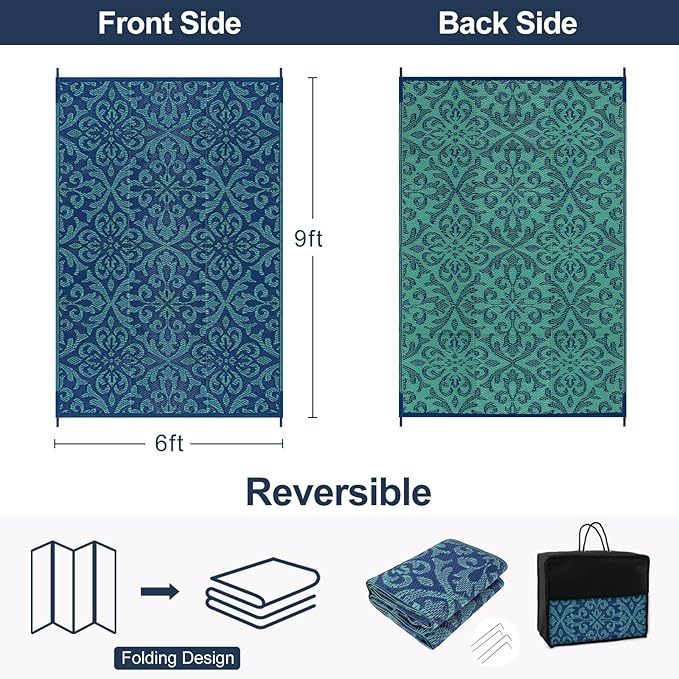 Lahome Navy Blue Outdoor Patio Rug Waterproof 6x9, Plastic Straw Rug Reversible Indoor Outdoor Carpet Floor Decor,Large Portable Outside Camping Mats for Balcony Deck Tent, Deep Blue 6x9