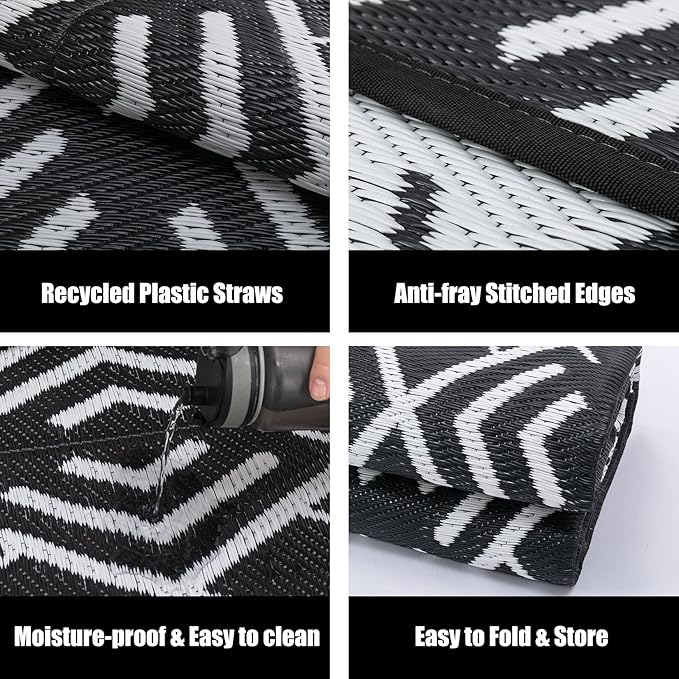 RV Outdoor Rug Waterproof Mat Outdoor Rugs 6'x9' for Patios Clearance Carpet Outdoor Camping Rugs Large Plastic Straw Rug(Geometric Black&White)